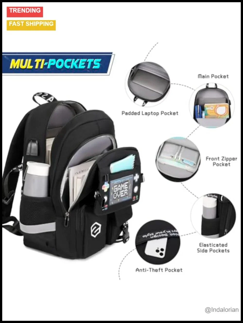 Luminous Boys Backpack Set with USB Port, Lunch Bag & Pencil Case for School